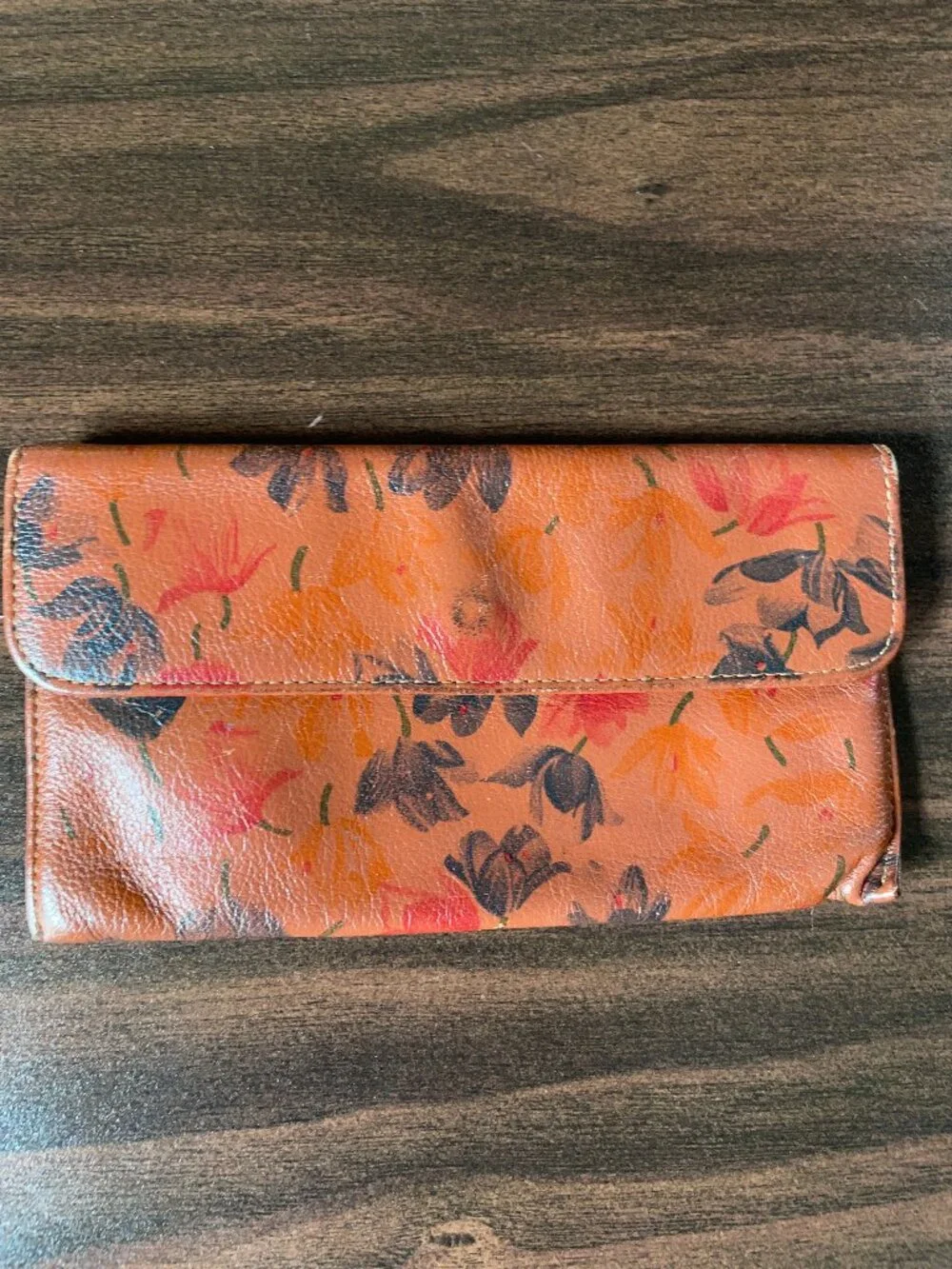 MUNDI Genuine Leather Orange Floral Wallet — Brazil Vintage Boho Checkbook Clutc